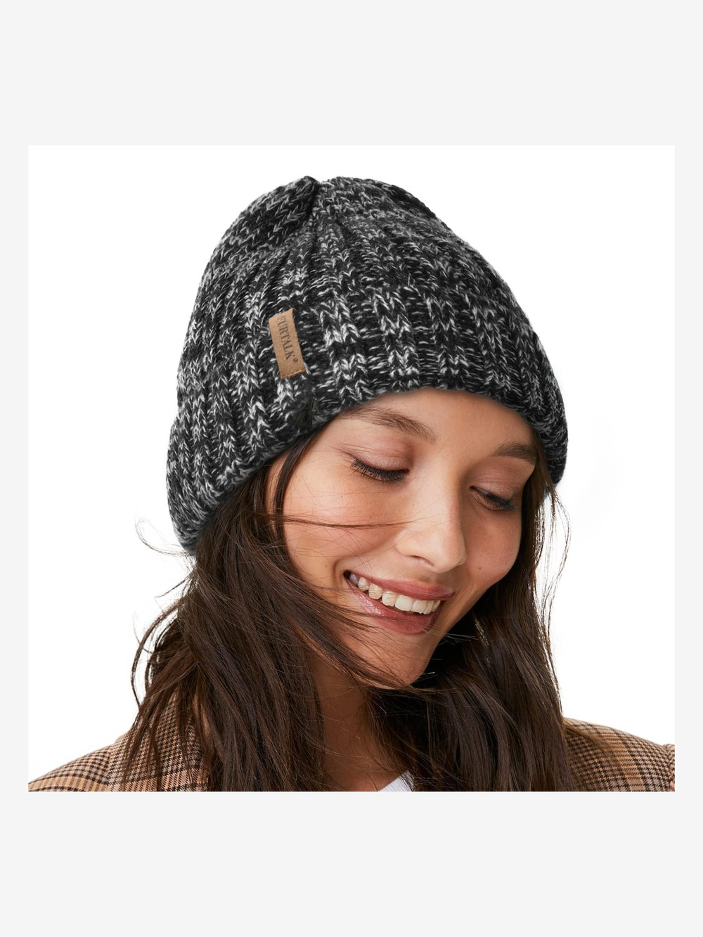 Winter Hats for Women Fleece Lined Beanie Knit Chunky | Mix Black | Size OS